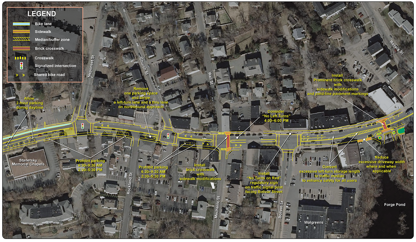 Figure 19: Canton Center Conceptual Plan, Part 2
This figure displays an aerial satellite image with proposed improvements in the southern half of the Canton Center section of the Washington Street corridor. Improvements are shown throughout the entire section, notable proposed changes are the addition of two crosswalks, removal of some street parking, and restriping.